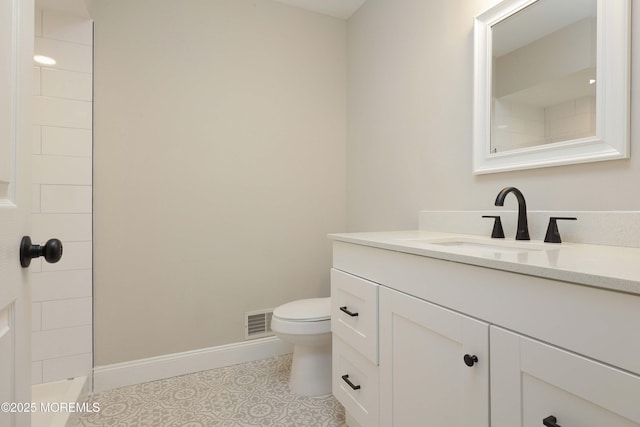 full bathroom with visible vents, toilet, baseboards, walk in shower, and vanity