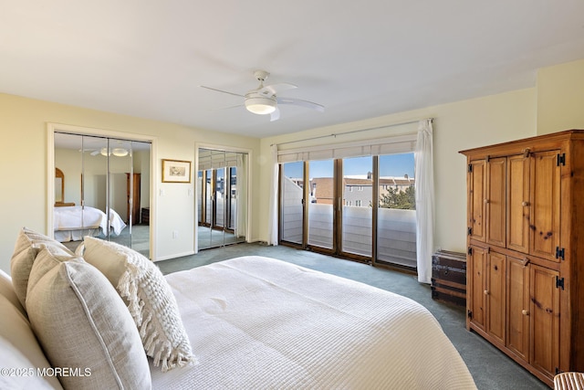 bedroom with access to exterior, two closets, baseboards, ceiling fan, and dark colored carpet