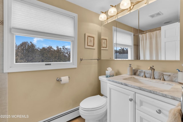 full bathroom featuring visible vents, plenty of natural light, toilet, and a baseboard radiator