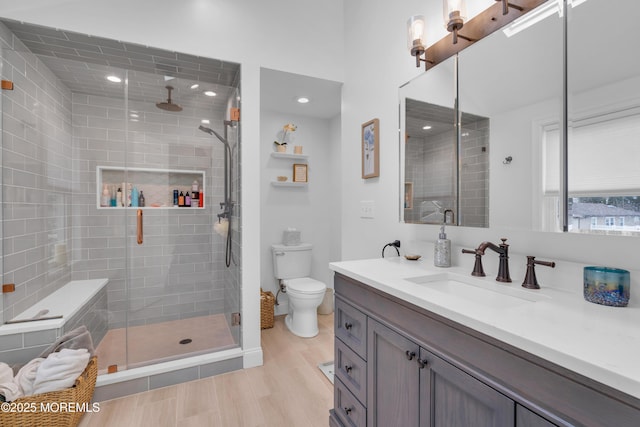 bathroom featuring a stall shower, toilet, and vanity