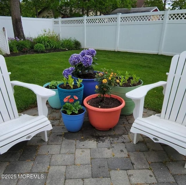 view of yard with a patio and fence