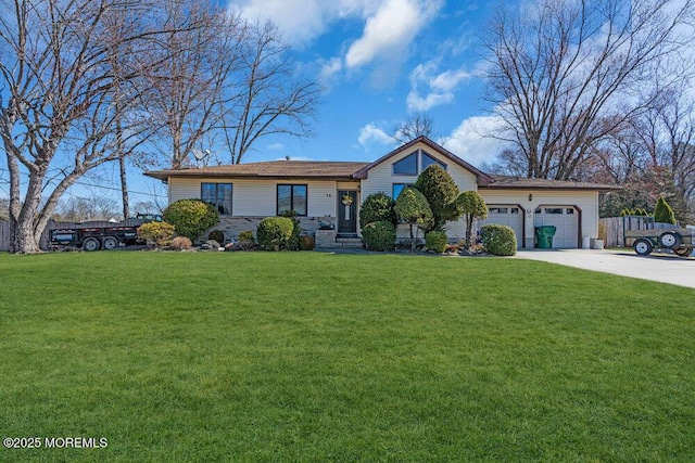 ranch-style home with concrete driveway, an attached garage, and a front yard