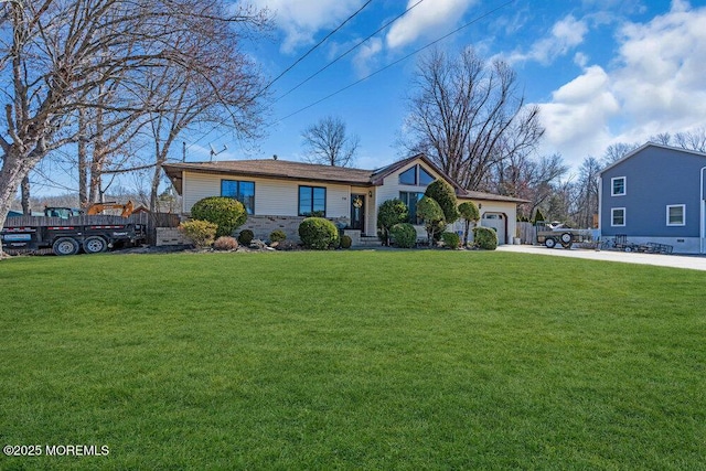 view of front facade featuring concrete driveway, a garage, and a front lawn