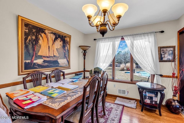 dining room featuring an inviting chandelier, wood finished floors, visible vents, and baseboards