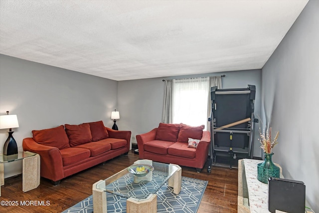 living area featuring a textured ceiling and wood finished floors