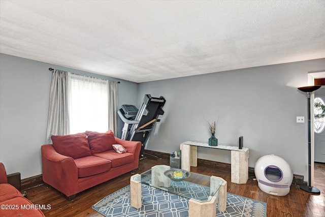 living area featuring wood finished floors, baseboards, and a textured ceiling