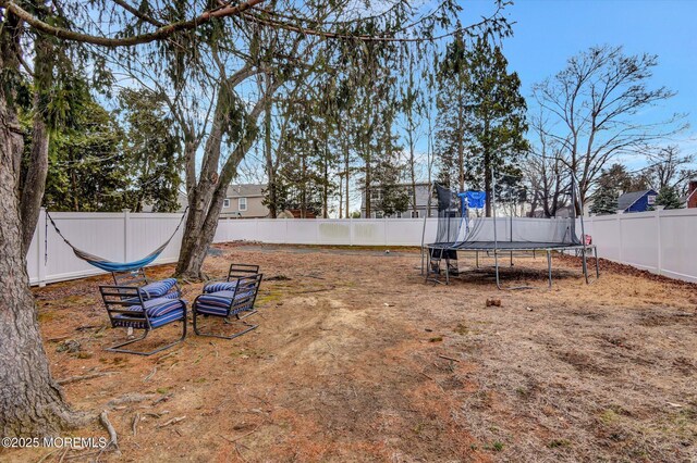 view of yard with a fenced backyard and a trampoline