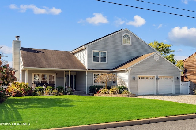 view of front of house with a front yard, a porch, an attached garage, a chimney, and decorative driveway