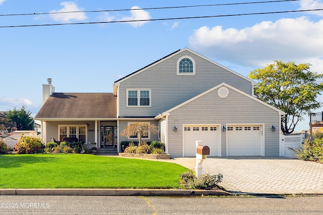 view of front of house with a front lawn, fence, a porch, a chimney, and decorative driveway