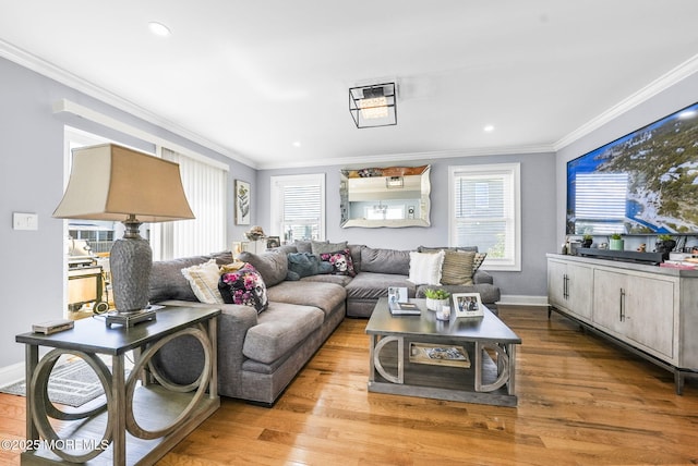 living area featuring crown molding, wood finished floors, and baseboards