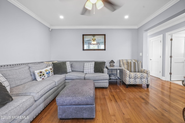 living area featuring a ceiling fan, wood finished floors, and ornamental molding