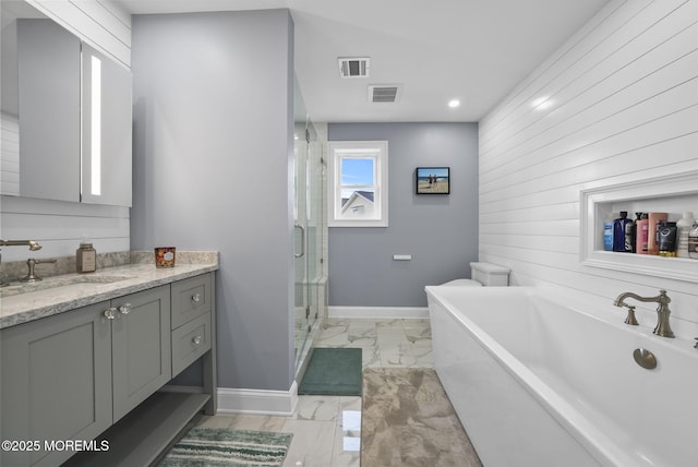 full bath with visible vents, baseboards, marble finish floor, and a shower stall