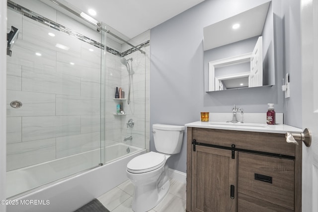 full bathroom with combined bath / shower with glass door, toilet, vanity, and baseboards