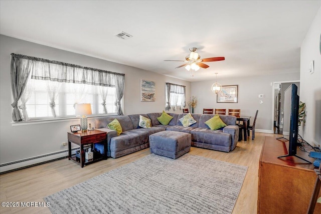 living area with ceiling fan, visible vents, wood finished floors, and a baseboard heating unit