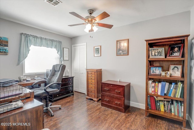 home office with a ceiling fan, wood finished floors, visible vents, and baseboards