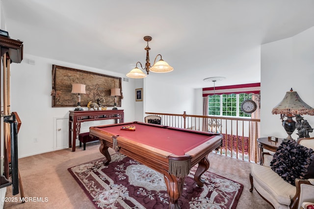 rec room featuring pool table, light colored carpet, visible vents, and baseboards