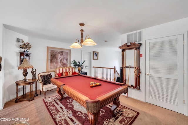 playroom with light carpet, visible vents, pool table, and baseboards