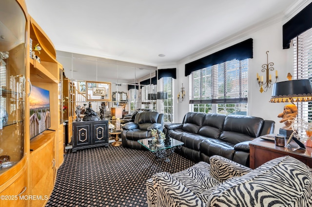 living area featuring carpet floors and crown molding