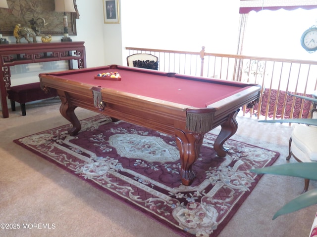 rec room featuring billiards and carpet