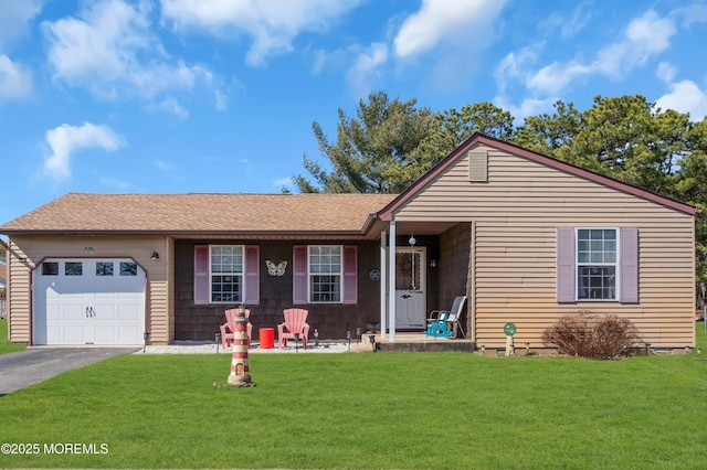 ranch-style home featuring a garage, a front lawn, aphalt driveway, roof with shingles, and crawl space