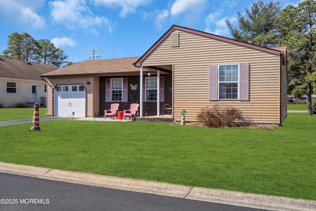 view of front of house with roof with shingles, driveway, an attached garage, a front lawn, and crawl space