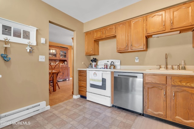 kitchen featuring white range with electric cooktop, dishwasher, light countertops, baseboard heating, and a sink