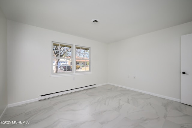 unfurnished room featuring a baseboard radiator, baseboards, marble finish floor, and visible vents