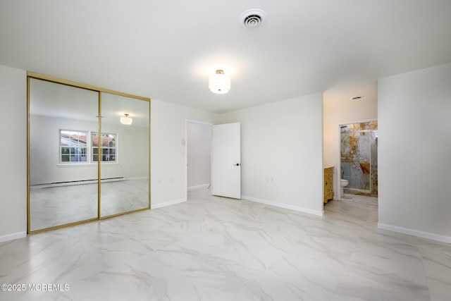 unfurnished bedroom with visible vents, marble finish floor, and baseboards