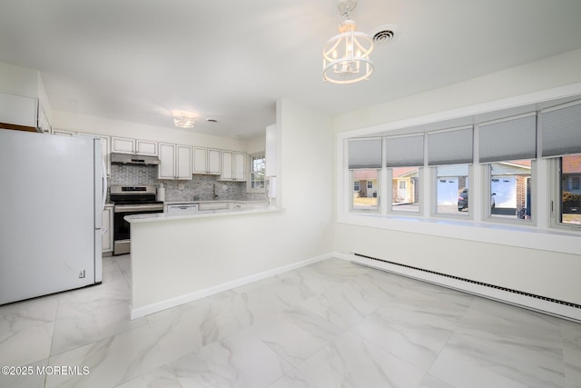 kitchen with under cabinet range hood, stainless steel range with electric stovetop, freestanding refrigerator, marble finish floor, and a baseboard radiator