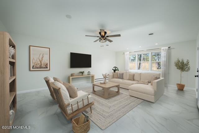 living room featuring baseboard heating, marble finish floor, baseboards, and ceiling fan