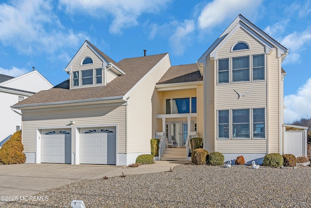 traditional home with concrete driveway, a garage, and roof with shingles