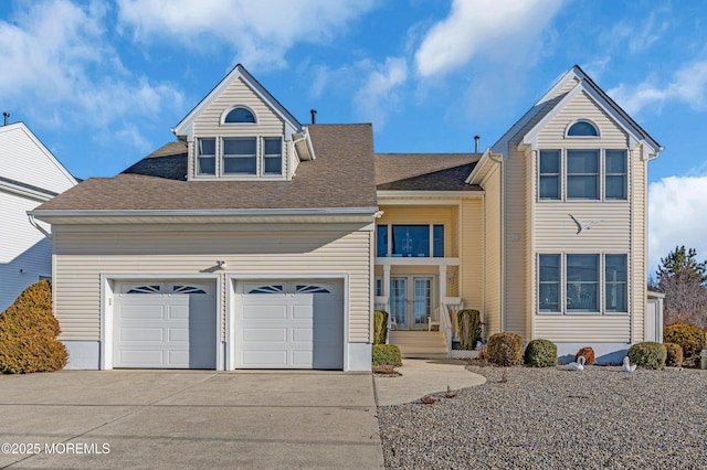 view of front of property with driveway, an attached garage, french doors, and a shingled roof