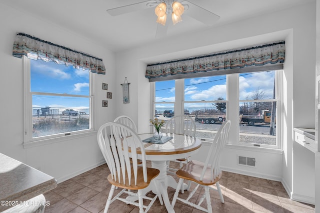 dining space featuring visible vents, a healthy amount of sunlight, and baseboards