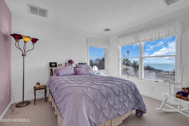 carpeted bedroom featuring visible vents and baseboards