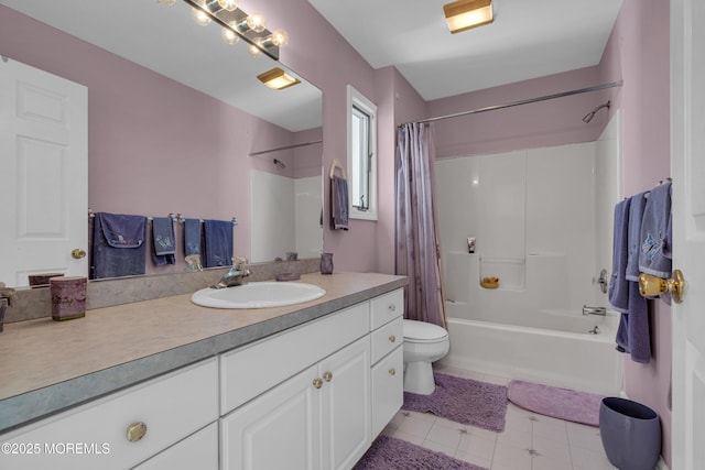 bathroom with tile patterned flooring, toilet, vanity, and shower / bathtub combination with curtain