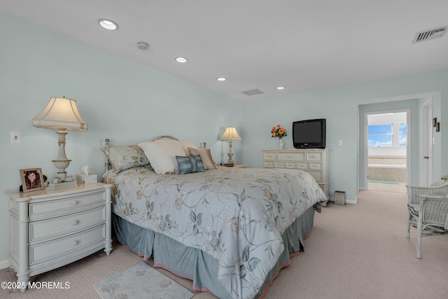 bedroom featuring recessed lighting, visible vents, and light colored carpet