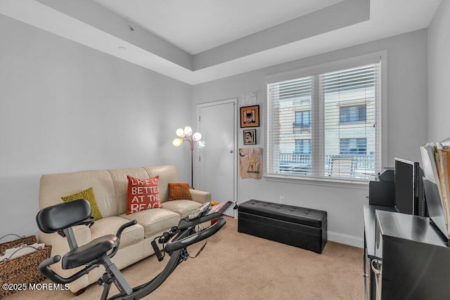 living area with a raised ceiling, carpet flooring, and baseboards