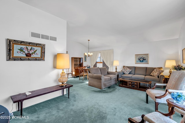 living area featuring visible vents, carpet, an inviting chandelier, and vaulted ceiling