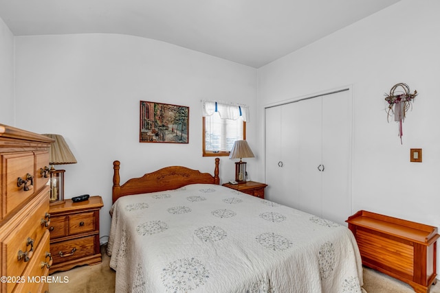 bedroom with a closet and light carpet