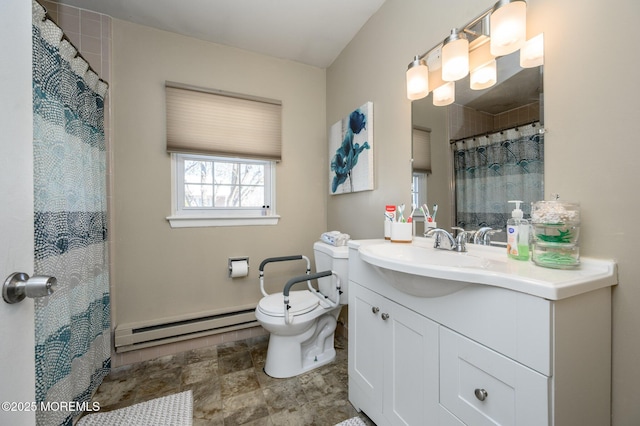 bathroom featuring baseboard heating, toilet, vanity, and a shower with shower curtain