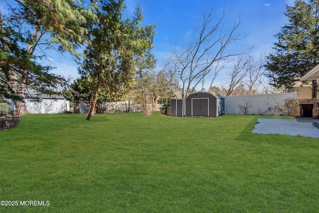 view of yard with a storage shed, a fenced backyard, and an outdoor structure