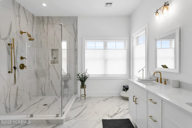 full bathroom with a marble finish shower, visible vents, baseboards, marble finish floor, and vanity