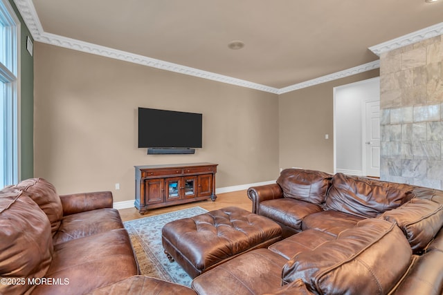 living room with baseboards and crown molding