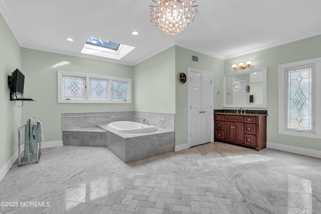 full bath with baseboards, plenty of natural light, a bath, and crown molding