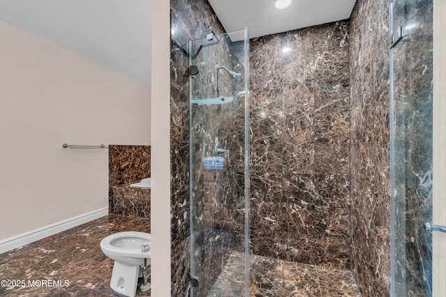 full bathroom featuring a marble finish shower, marble finish floor, a tub, and baseboards