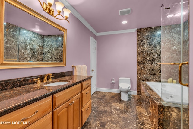 bathroom featuring visible vents, crown molding, tiled tub, toilet, and vanity