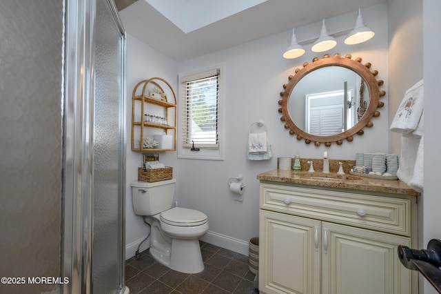 full bath with an enclosed shower, toilet, tile patterned flooring, baseboards, and vanity