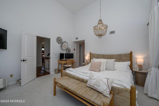 bedroom featuring visible vents, carpet, high vaulted ceiling, and a notable chandelier