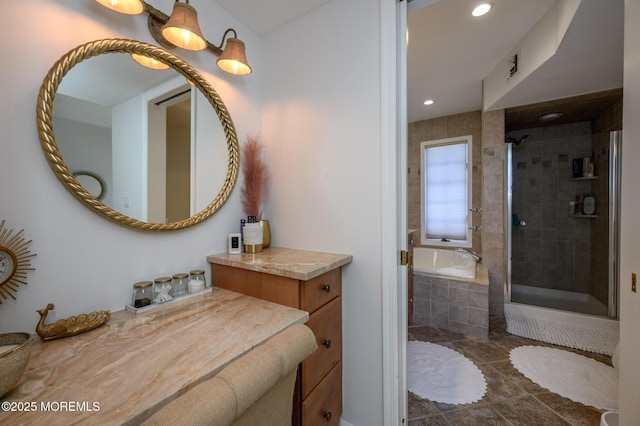 full bathroom with vanity, visible vents, recessed lighting, a stall shower, and a bath