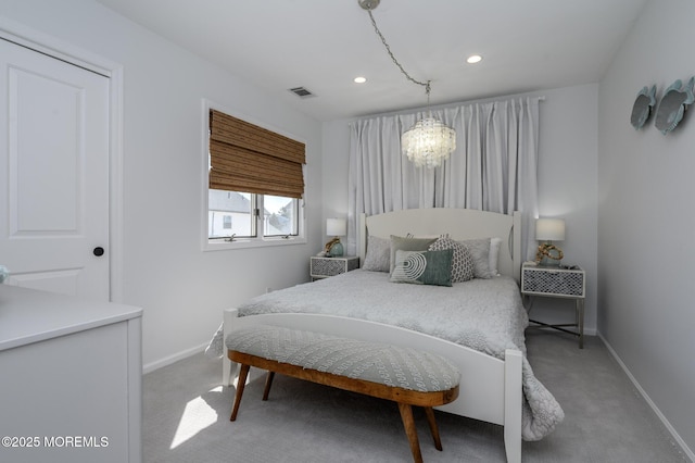 carpeted bedroom with a chandelier, visible vents, recessed lighting, and baseboards